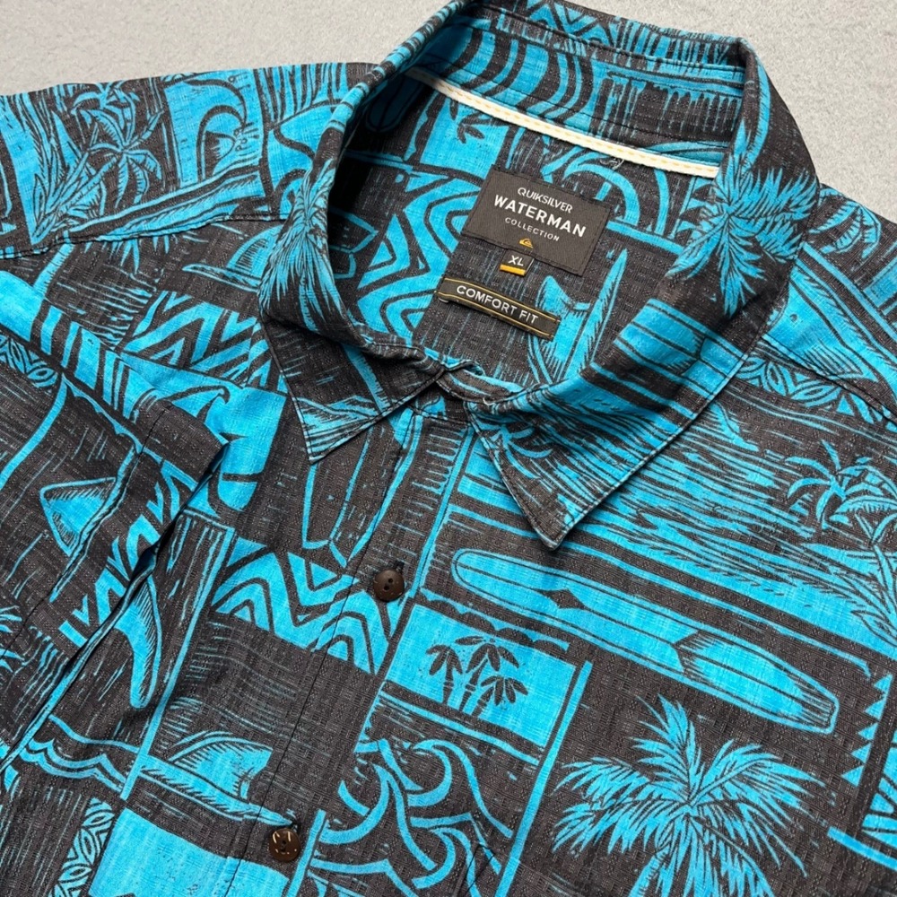 New Quiksilver Waterman Men XL Blue Black Surfboard Palm Tre Print Shirt Comfort